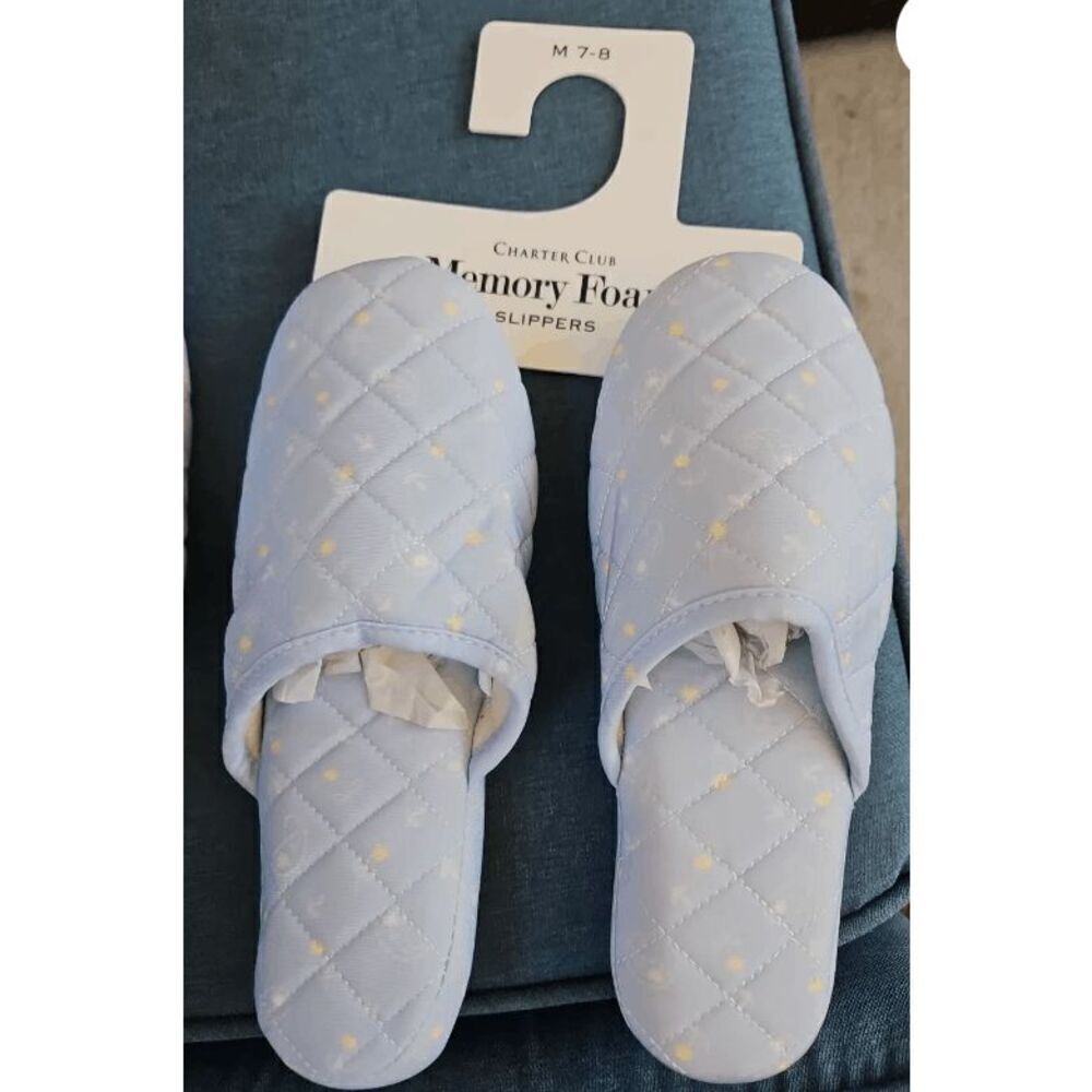 Charter Club NWT size 11-12 slippers quilted memory foam, blue house shoes - Picture 2 of 5